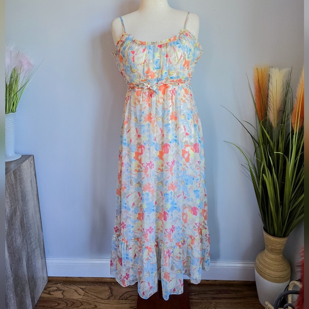LIKELY NEW Raffy Ivory Pastel Floral Ruffle Tie Waist Maxi Dress SZ 12 Coquette - Picture 3 of 11